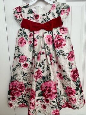 Bonnie Jean Cream Dress with Pink Floral Print and Red Velvet Bow